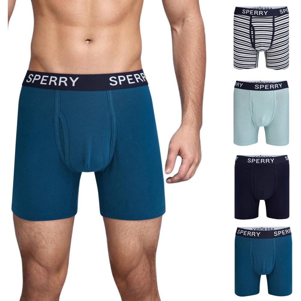 imageSperry 4Pack Mens Premium Cotton Stretch Boxer Briefs  Everyday Comfort Cotton Mens Boxer Briefs with Fly Pouch ampamp 5 InseamBlue Multi Stripe