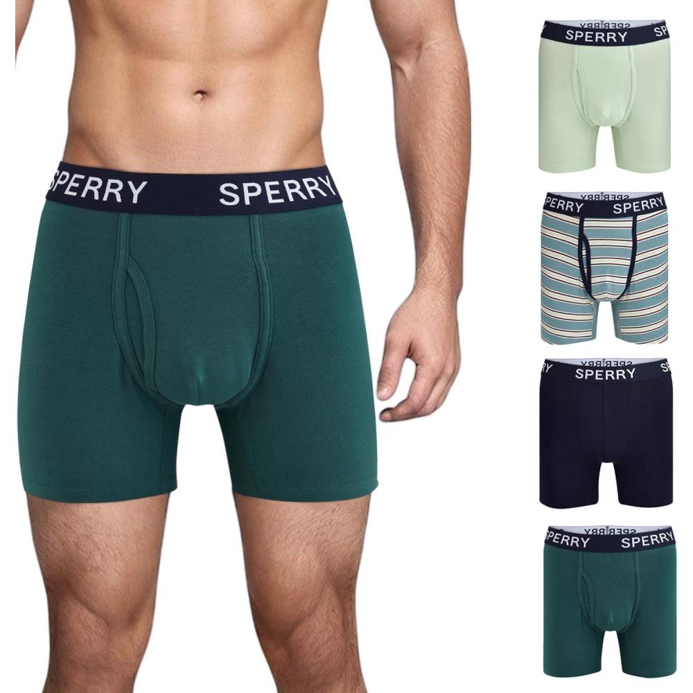 imageSperry 4Pack Mens Premium Cotton Stretch Boxer Briefs  Everyday Comfort Cotton Mens Boxer Briefs with Fly Pouch ampamp 5 InseamDark Green Multi