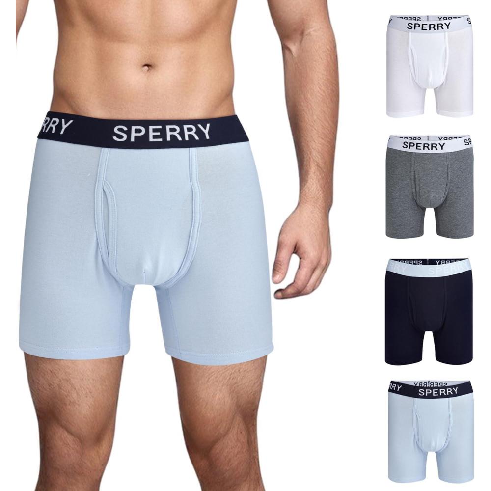 imageSperry 4Pack Mens Premium Cotton Stretch Boxer Briefs  Everyday Comfort Cotton Mens Boxer Briefs with Fly Pouch ampamp 5 InseamNavy Multi