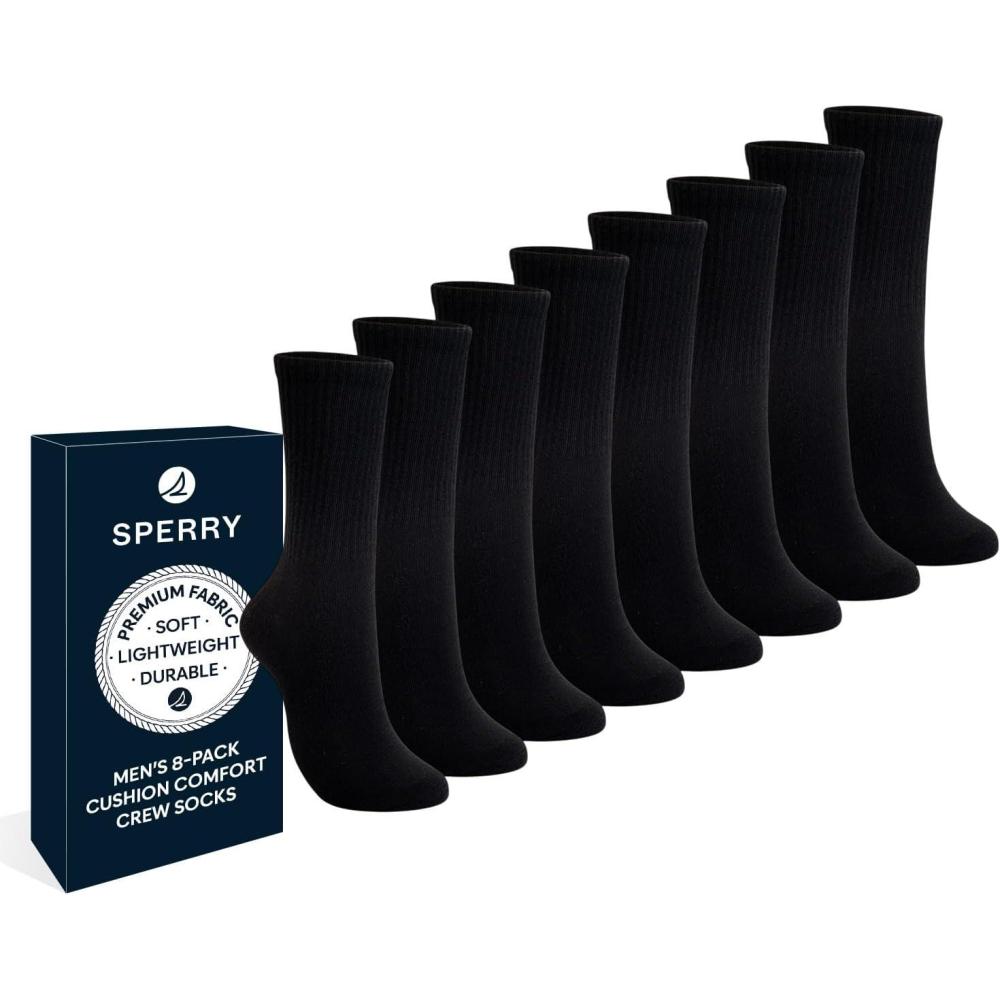 imageSperry Mens 8Pack Cushion Comfort Crew Socks  MoistureWicking Athletic Socks White Crew Socks for Everyday or Sports UseBlack