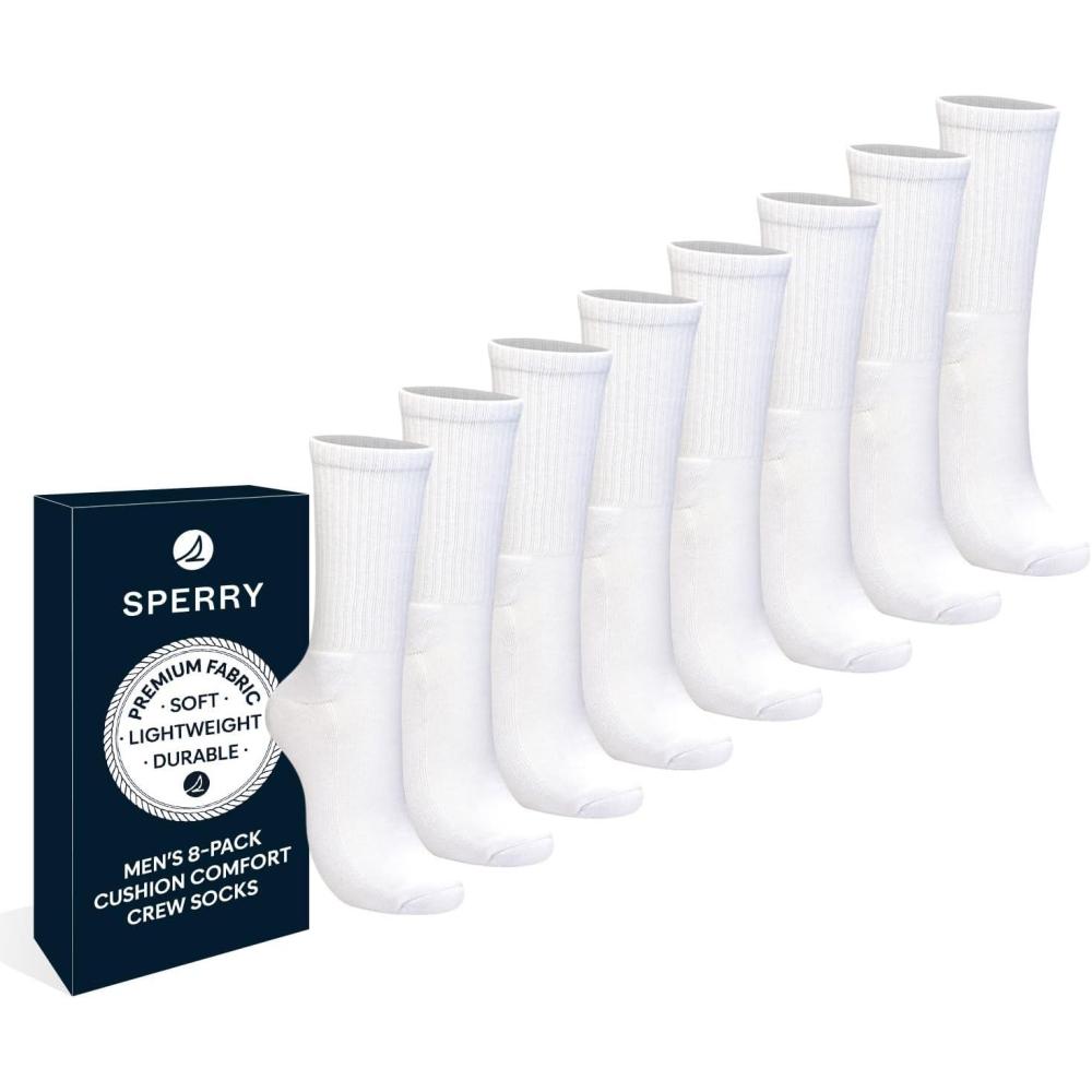 imageSperry Mens 8Pack Cushion Comfort Crew Socks  MoistureWicking Athletic Socks White Crew Socks for Everyday or Sports UseWhite